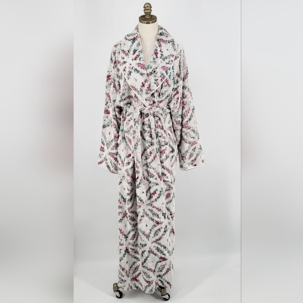 Vintage 1960s Stan Herman Herbcraft Chenille Floral Robe Long Sleeve Full Length